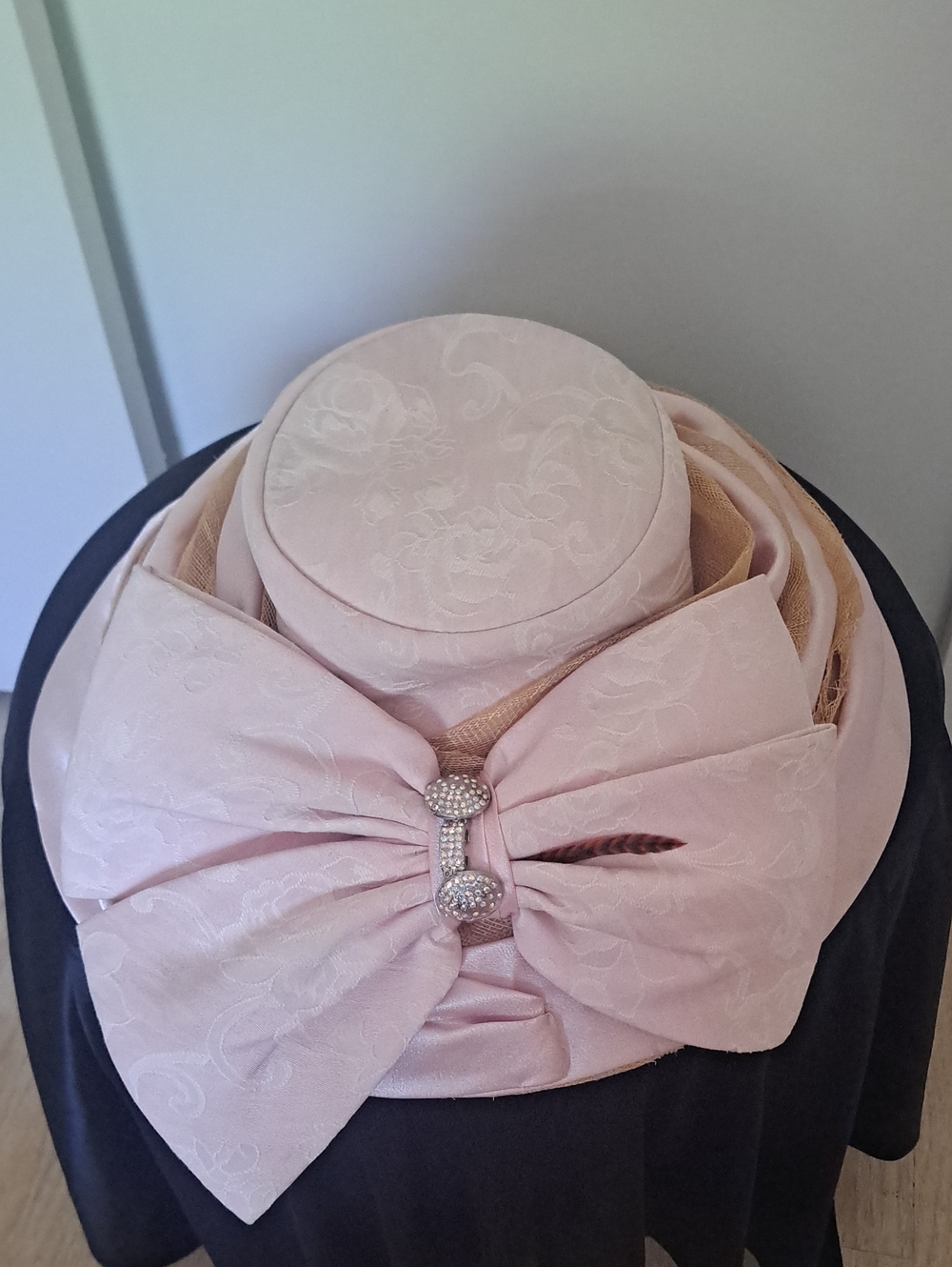 Vintage Elegant Elite Champagne Blush Pink Bow  Hat with Rhinestone Accent